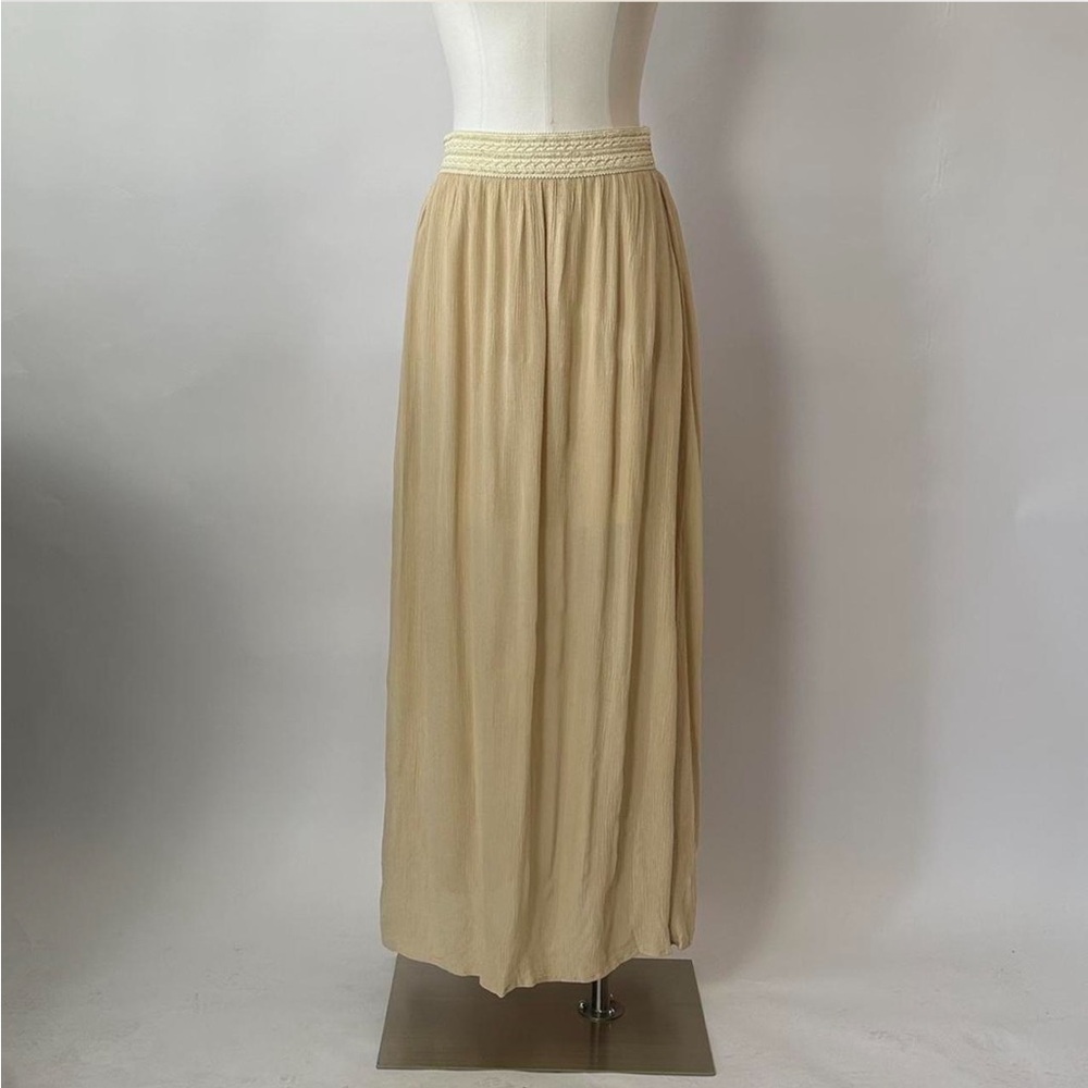 Vintage Active Boho Crinkled Maxi Skirt Crochet Knit Waistband Beige Tan Large - Picture 5 of 10